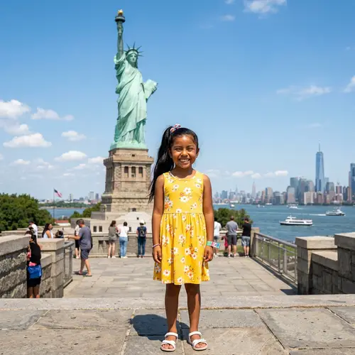 Smiling 7-Year-Old Mexican Girl at Statue of Liberty