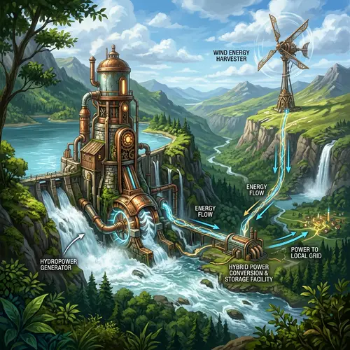 Futuristic Hybrid Hydro-Wind Energy System Illustration