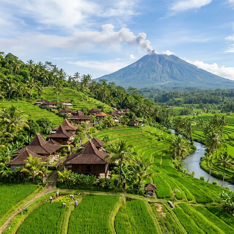 Stunning Indonesian Landscape: Rice Terraces, Palm Trees & Volcano View Stunning Indonesian Landscape: Rice Terraces, Palm Trees & Volcano View