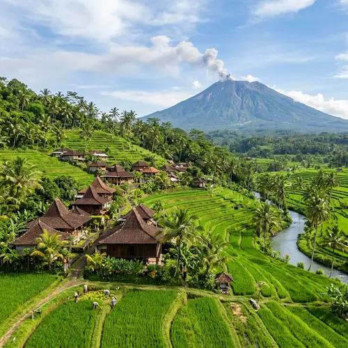 Scenic Indonesian Landscape: Rice Terraces, Palm Trees & Volcano View