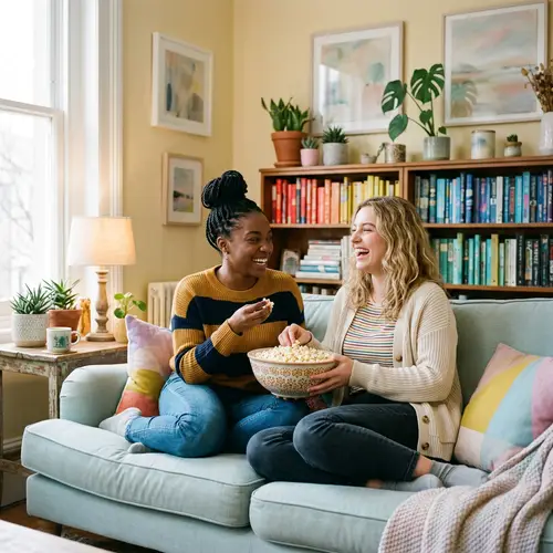 Light-Hearted Scene: Girls Laughing on Pastel Couch