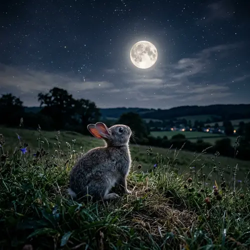 Rabbit Gazing at the Moon - Ethereal Nighttime Scene