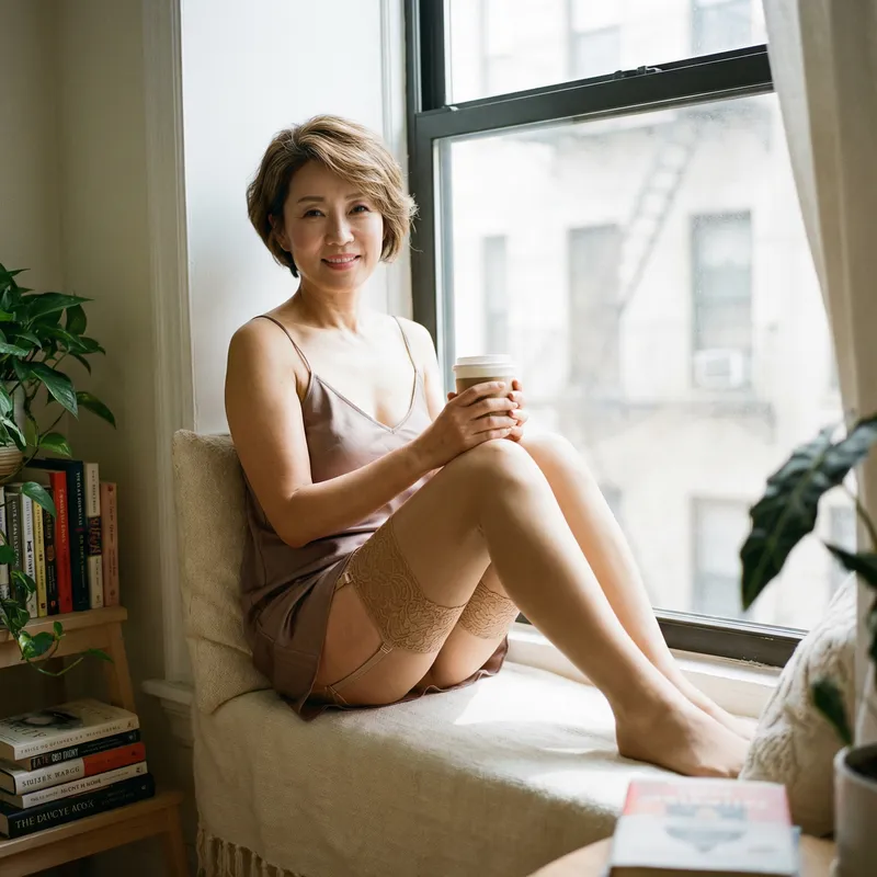 Elegant Korean Beauty in Lace Stockings