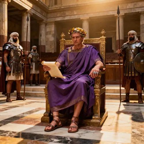 Imperial Roman Courtroom Scene with Ruler and Guards