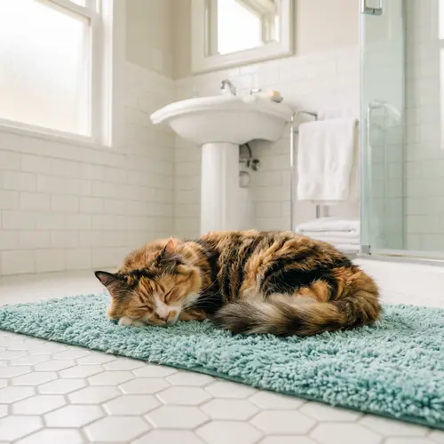Colorful Cat Sleeping in Clean Bathroom