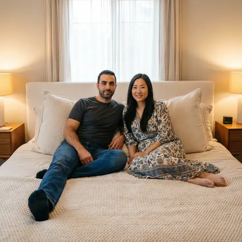 Comfortable King-Size Bed Scene with Middle-Eastern Man and Asian Woman