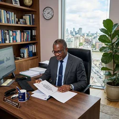 Professional African American Man in Office Setting | Cityscape View