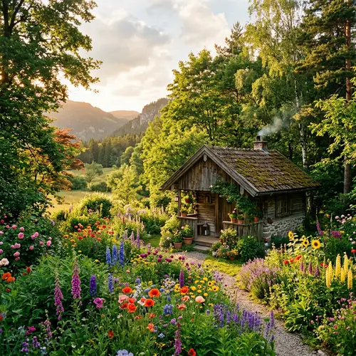 Serene Nature Landscape with Rustic Hut and Abundant Flora