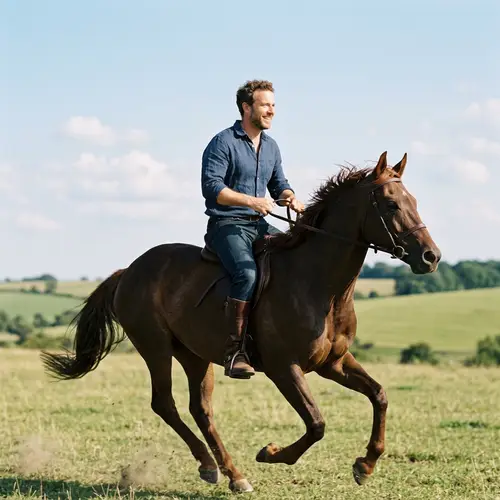 Confident Entrepreneur Lookalike on Horseback | Sunny Field Scene