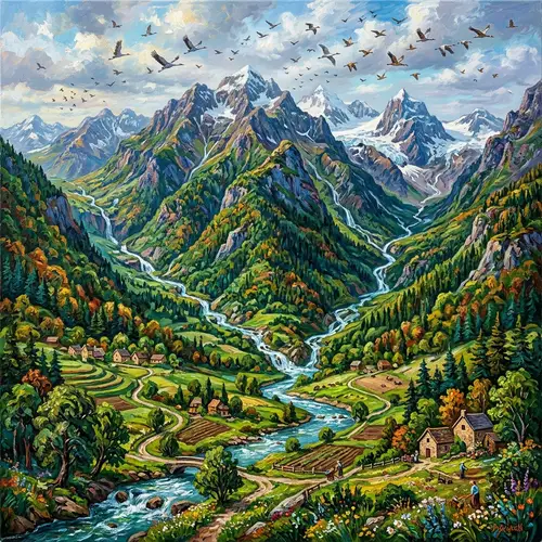 Vital Mountains: A Lyrical Acrylic Painted Landscape