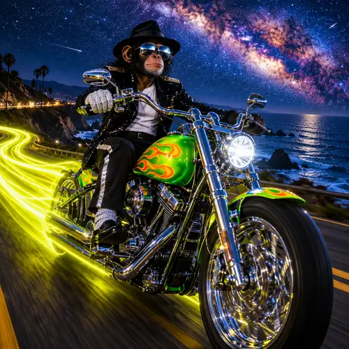 Monkey in MJ Costume Riding a Custom Harley
