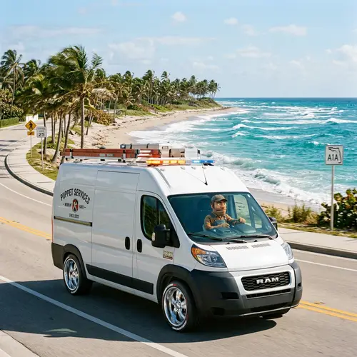 Puppet Driving Stylish Van on Palm Beach Coast