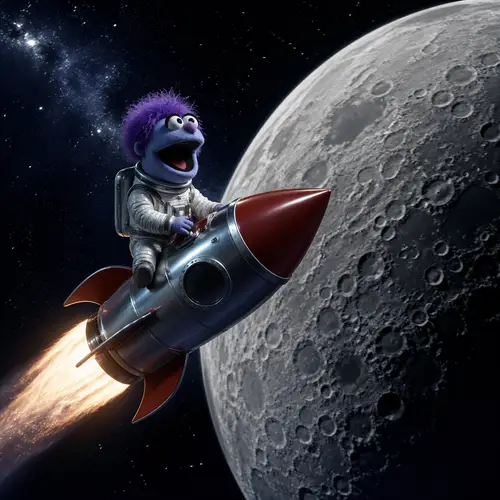 Puppet on Rocket Flying Around the Moon