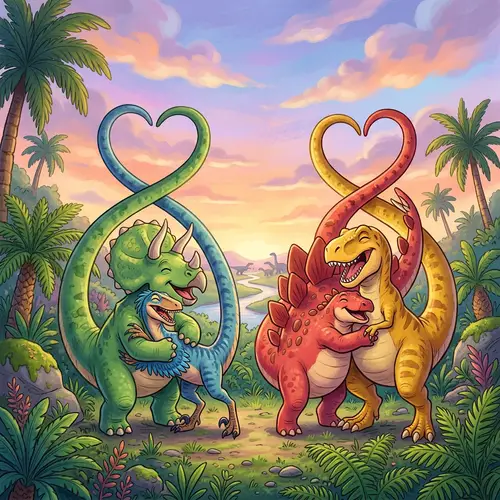 Cute Hugging Dinosaur Couples | Sweet Prehistoric Scene