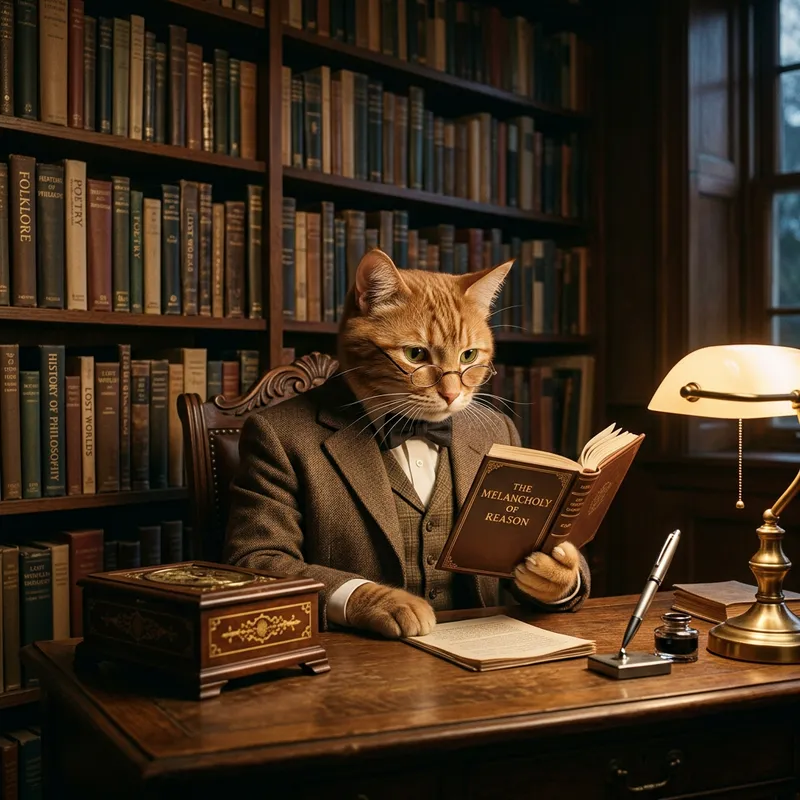 Intellectual Cat Reading at Wooden Desk - Tranquil Setting