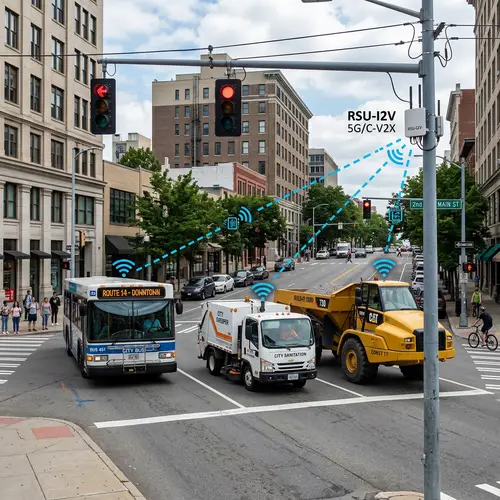 Cross Intersection with Public Bus, Sanitation Truck & Heavy-duty Truck