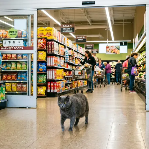 Obese Gray Cat Walking into a Grocery Store | Colorful Scene