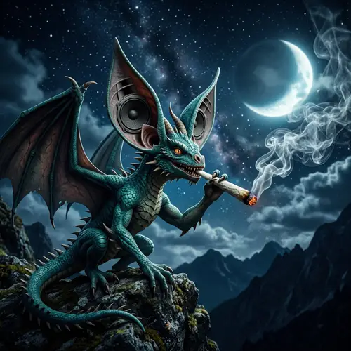 Unique Bat-Inspired Creature Smoking Paper Roll in Moonlit Night