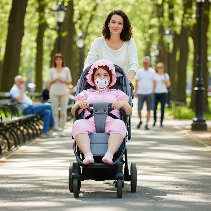 Adult Woman Dressed as Baby in Stroller