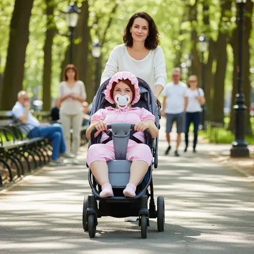 Adult Woman Dressed as Baby in Stroller