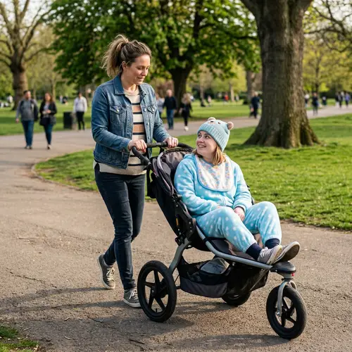 Adult Woman Dressed as Baby in Stroller