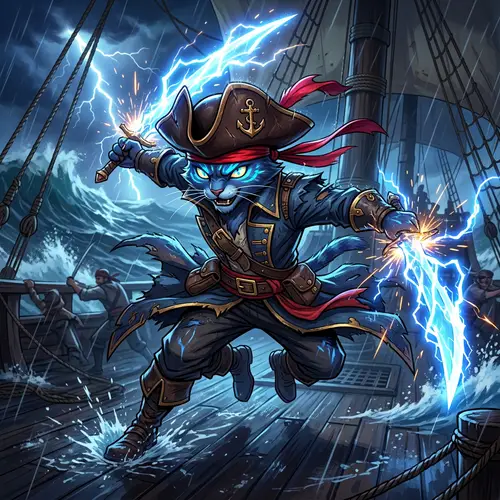 Animated Lightning Feline Swordsman with Seafarer Hat