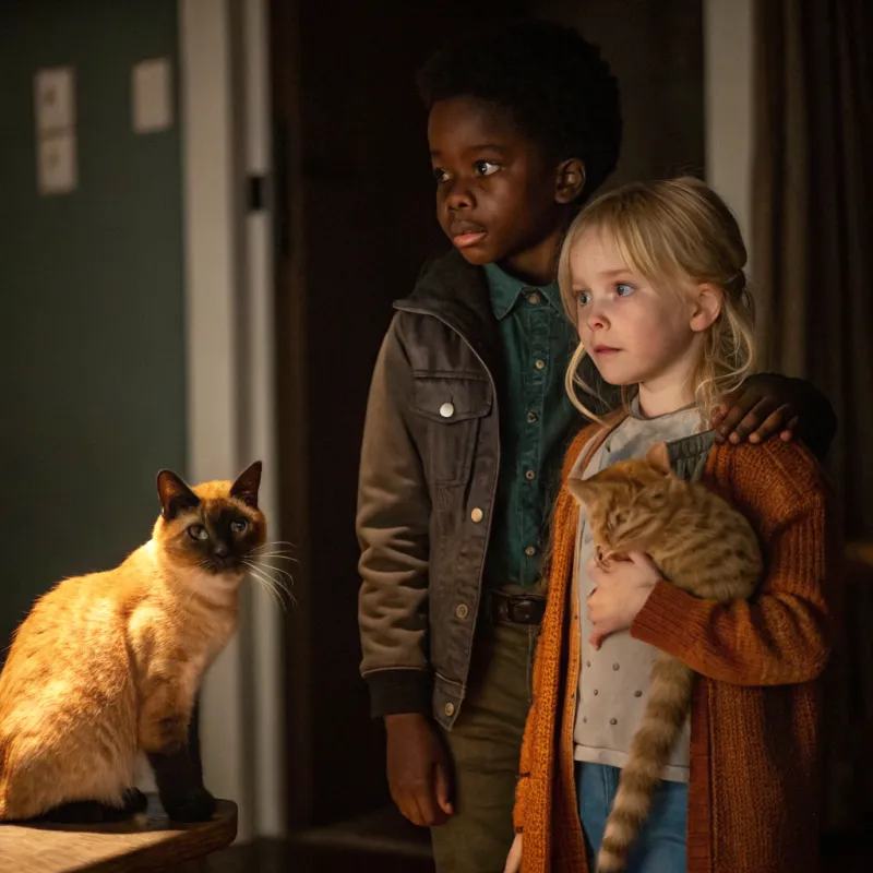 Brown Boy and Dark Blonde Girl with Cats