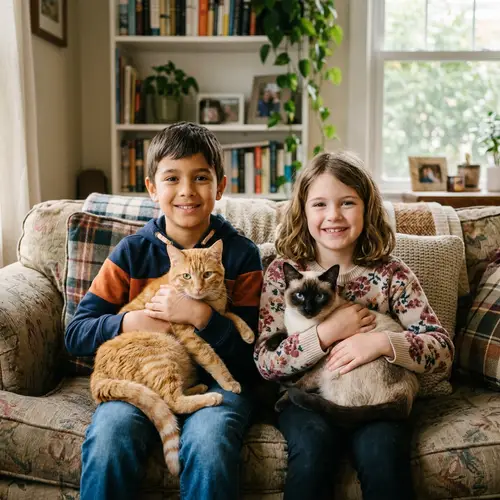 Brown Boy and Dark Blonde Girl with Cats