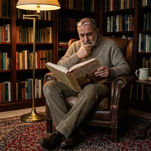 Tranquil Home Library: Middle-Eastern Man Reading History Book