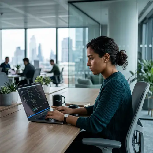 Inspiring Female Coder in Modern Tech Office