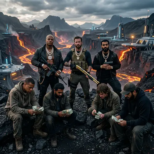 Intriguing Image of Seven Characters with Weapons and Money