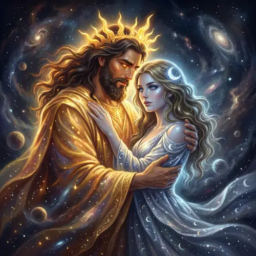 Sun and Moon Celestial Beings Embracing