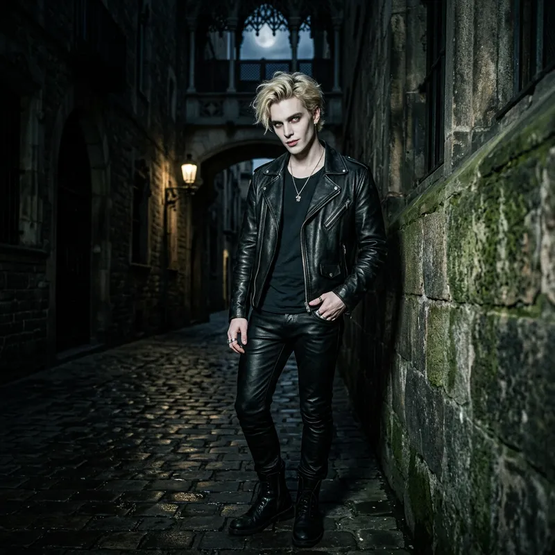 Young Blonde Vampire in Leather Jacket and Pants