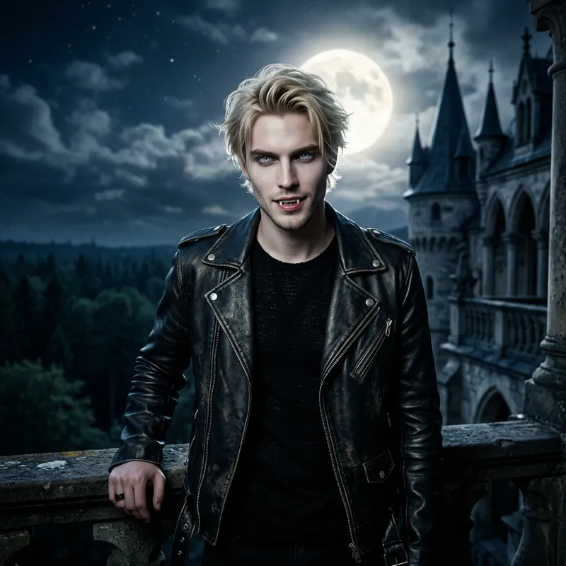 Young Handsome Blonde Vampire in Leather Jacket Young Handsome Blonde Vampire in Leather Jacket