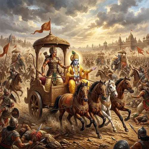 Captivating Realistic Illustration of Lord Krishna and Arjun in Mahabharat Battle