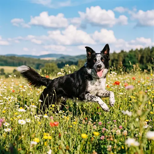 Energetic Border Collie Frolicking in Sunlit Meadow | Intelligent & Obedient