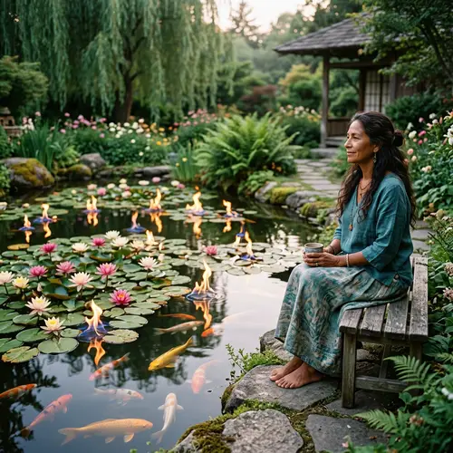 Hispanic Woman by Blooming Water Lilies and Swimming Fish in Tranquil Pond
