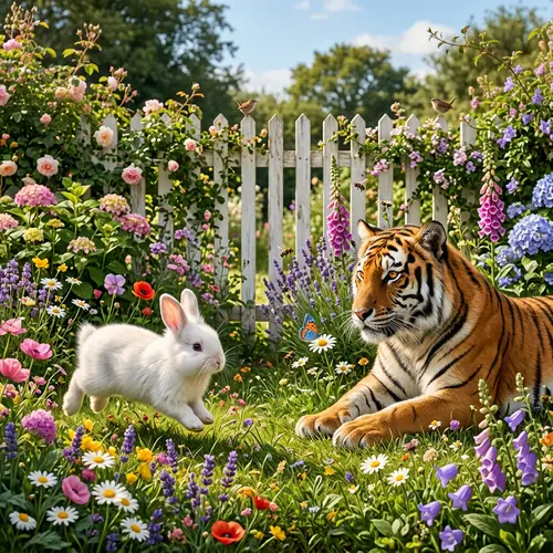 Bunny and Tiger Playful Garden Exploration