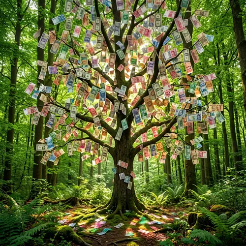 Surreal Money Tree in Forest: Unique Multicultural Currency Landscape