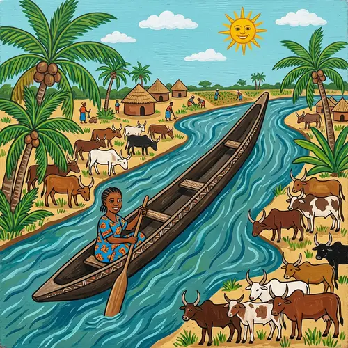 African Woman in Canoe with Zebu Cattle