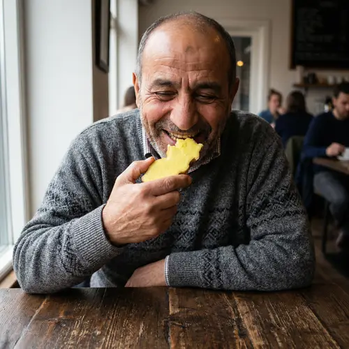 Middle Eastern Man Enjoying Spicy Ginger at Wooden Table