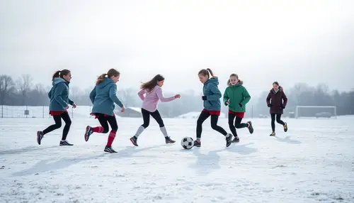 Girls Soccer Team Playing on Snowy Field