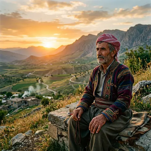 Middle-Aged Kurdish Man in Tranquil Landscape