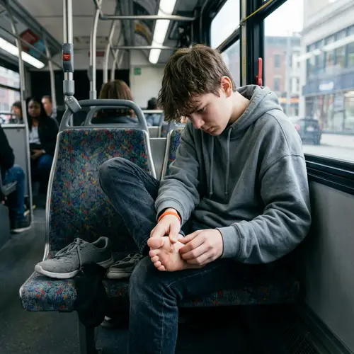 Teen Boy Examines Feet on Public Transport