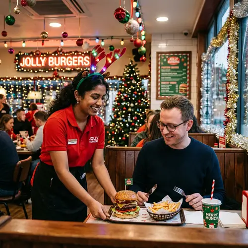 Festive Fast Food Experience with Reindeer Antler-Wearing Waitress
