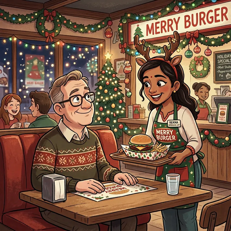 Heartwarming Holiday Scene: Festive Fast Food & Cheery Service