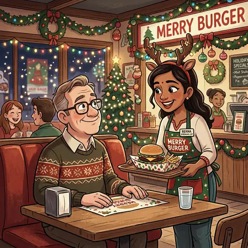 Festive Holiday-Themed Restaurant: Juicy Hamburgers & Cheerful Service