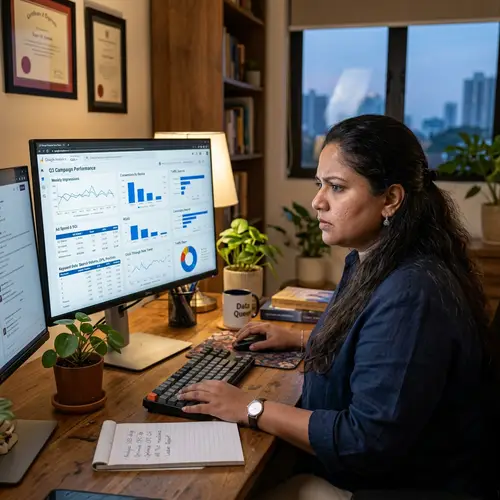 Professional South Asian Woman Digital Marketer Analyzing Metrics