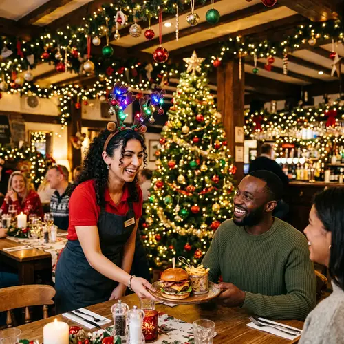 Festive Christmas Restaurant Setting with Lights & Ornaments