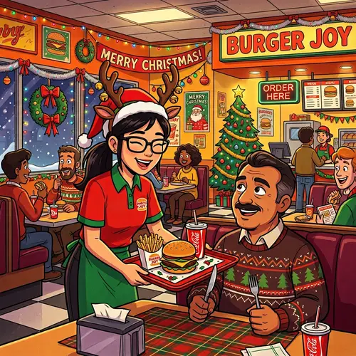 Festive Fast Food Restaurant Scene - Joyous Holiday Atmosphere